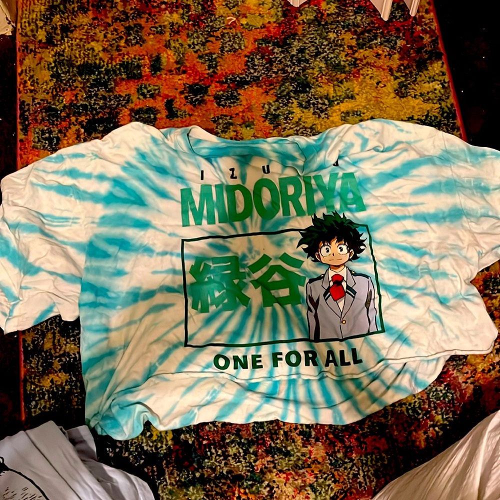 White and blue tie dye crop top with anime on front